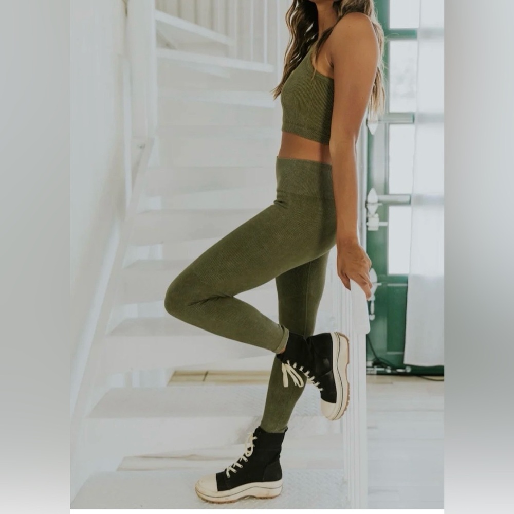 3 PACK BUNDLE Roolee Mono B Ribbed Leggings Navy Olive Steel Blue NWT Size Small